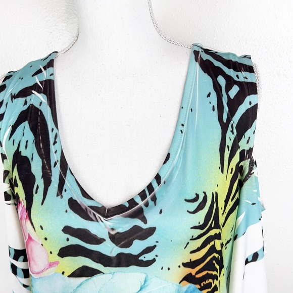 Fantazia Blouse Women Large Multicolor Floral All Over Print Cold Shoulder S/S - Picture 6 of 12